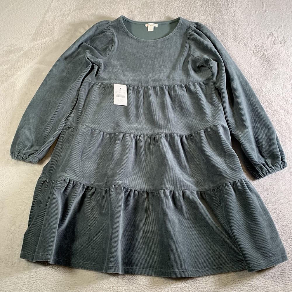 Crewcuts Dress Girls 10 Green Corduroy Tiered Ruffle Long Puff Sleeve Swing NEW